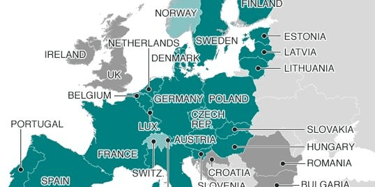 Map highlighting the Schengen area countries