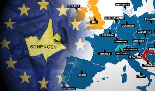 Map of the Schengen area within Europe